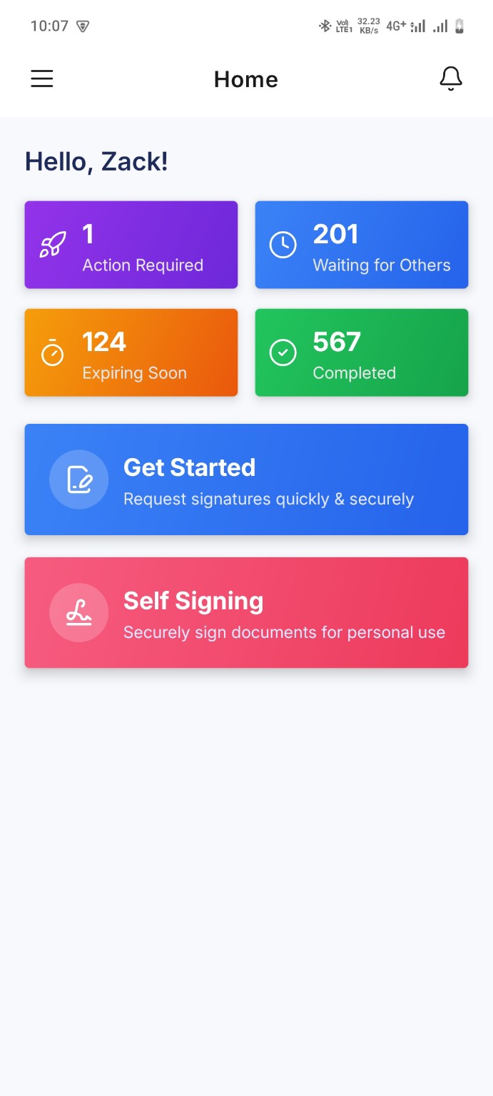 WeSign mobile home dashboard