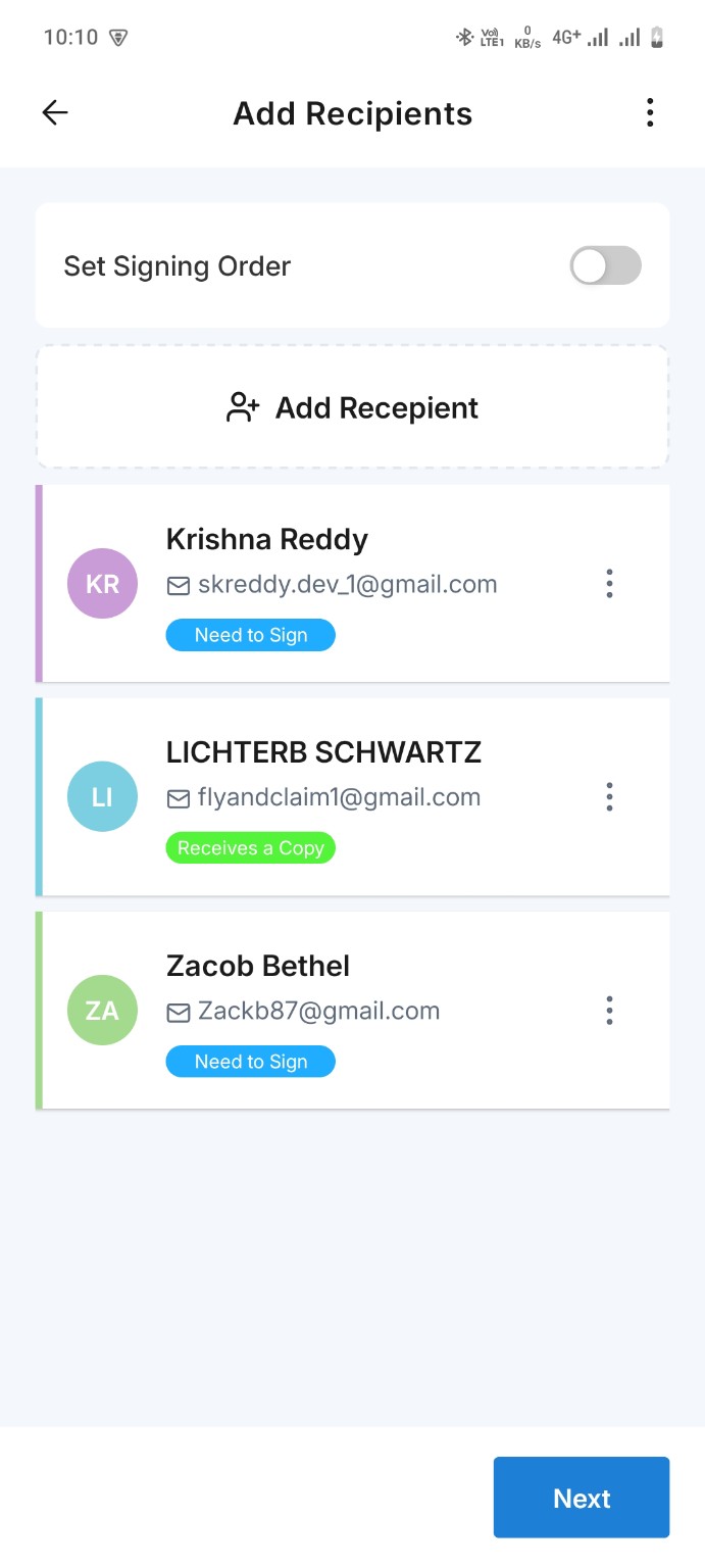 WeSign add recipients screen